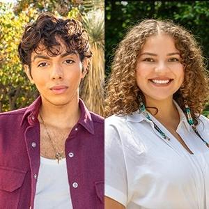 Side-by-side headshots of Jansikwe Medina-Tayac and 亚历山大 Rodriguez. Medina-Tayac has shoulder-length curly brown hair and wears a white top. Rodriguez has short curly dark hair and wears a magenta shirt.